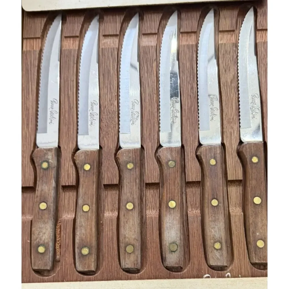 Vintage Pierre Santini Steak Knife Set 6 Wood Handle Serrated Knives Box